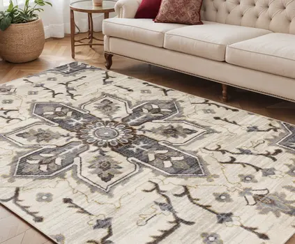 5' X 8' Ivory Gray And Brown Floral Medallion Area Rug