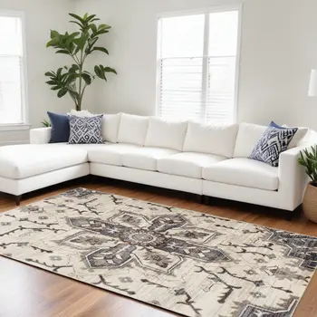 6' X 9' Ivory Gray and Black Floral Medallion Power Loom Area Rug