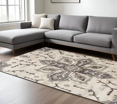 9' X 12' Ivory Gray And Black Floral Medallion Area Rug