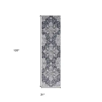 10' Ivory Gray And Purple Floral Medallion Runner Rug