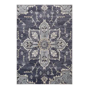 5' X 8' Ivory Gray And Purple Floral Medallion Area Rug