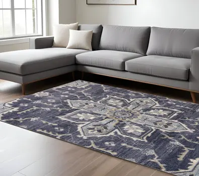 8' X 10' Ivory Gray And Purple Floral Medallion Area Rug
