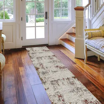 10' Ivory Red And Gold Abstract Runner Rug