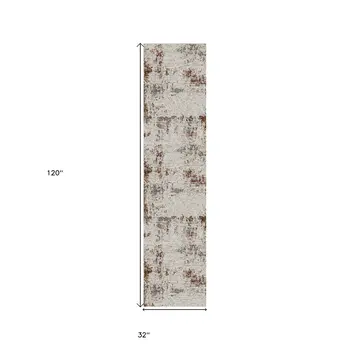 10' Ivory Red And Gold Abstract Runner Rug