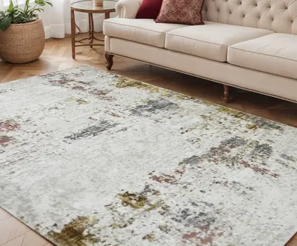 5' X 8' Ivory Red And Gold Abstract Area Rug