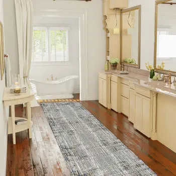 10' Ivory Blue And Gray Abstract Runner Rug