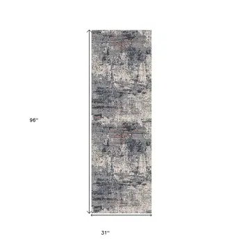 8' Gray and Ivory Abstract Power Loom Runner Rug