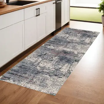 8' Gray and Ivory Abstract Power Loom Runner Rug