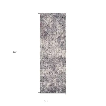 8' Ivory Black And Gray Abstract Runner Rug
