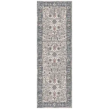 8' Ivory Blue And Gray Oriental Runner Rug