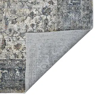 8' Ivory Blue And Gray Oriental Runner Rug