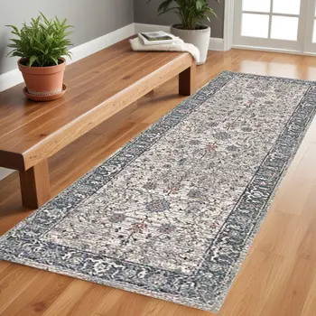 8' Ivory Blue And Gray Oriental Runner Rug