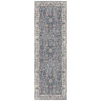 8' Ivory Charcoal And Orange Oriental Runner Rug