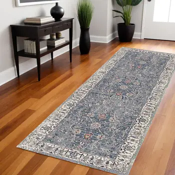 8' Ivory Charcoal And Orange Oriental Runner Rug