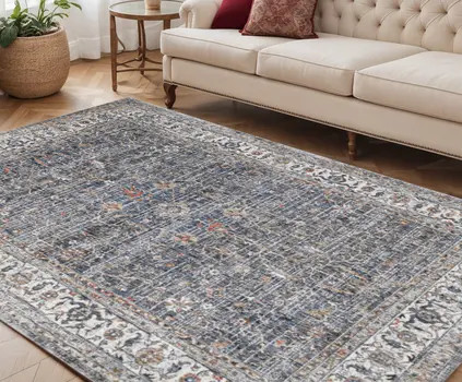5' X 8' Ivory Charcoal And Orange Oriental Area Rug
