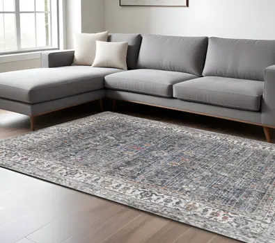 8' X 10' Ivory Charcoal And Orange Oriental Area Rug