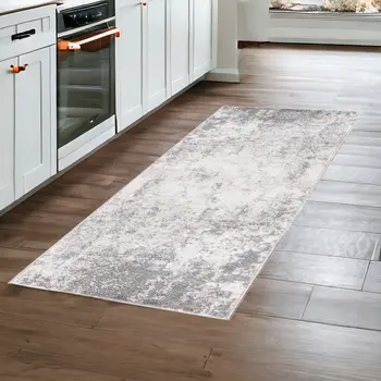 8' Beige Ivory And Gray Abstract Runner Rug