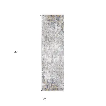 8' Ivory Blue And Yellow Abstract Runner Rug