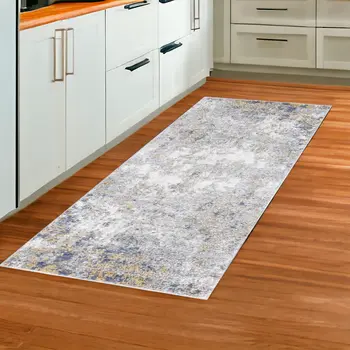 8' Ivory Blue And Yellow Abstract Runner Rug
