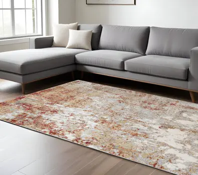 9' X 12' Ivory Red And Cream Abstract Area Rug