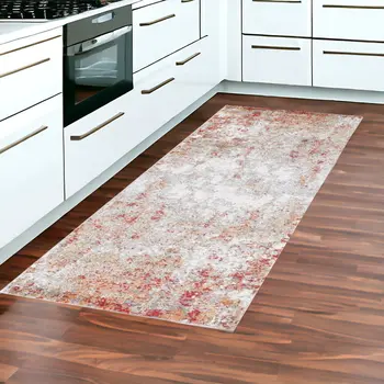 8' Ivory Red And Cream Abstract Runner Rug