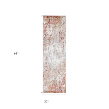 8' Ivory Red And Cream Abstract Runner Rug