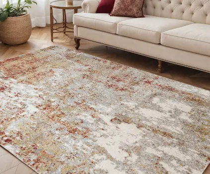 5' X 8' Ivory Red And Cream Abstract Area Rug