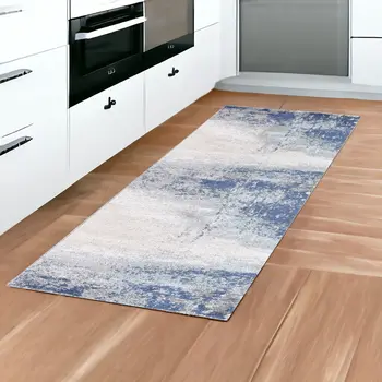 8' Dark Blue And Gray Abstract Runner Rug