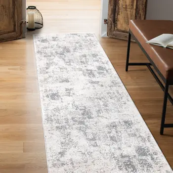 8' Gray and Beige Abstract Power Loom Runner Rug