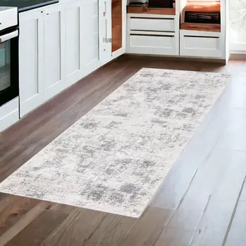 8' Gray and Beige Abstract Power Loom Runner Rug