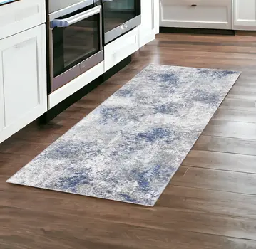 8' Ivory Blue And Gray Abstract Runner Rug