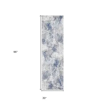 8' Ivory Blue And Gray Abstract Runner Rug