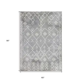 5' X 8' Gray and Ivory Geometric Shag Area Rug