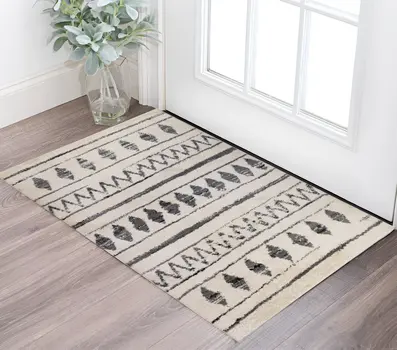 2' X 3' Cream Black And Gray Geometric Shag Area Rug