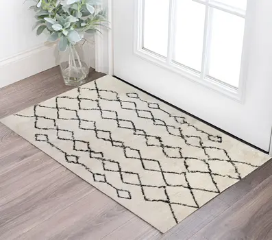 2' X 3' Ivory and Black Geometric Shag Area Rug
