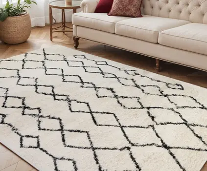 5' X 8' Ivory and Black Geometric Shag Area Rug