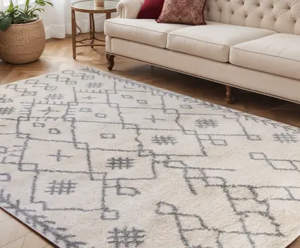5' X 8' Gray and Ivory Geometric Shag Area Rug