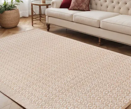5' X 8' White And Tan Jute Geometric Flatweave Handmade Area Rug