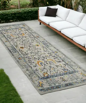 8' Yellow And Ivory Oriental Indoor Outdoor Runner Rug