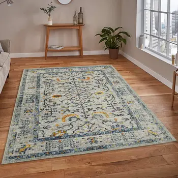 5' X 7' Yellow and Ivory Southwestern Stain Resistant Indoor Outdoor Area Rug