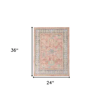 2' X 3' Coral and Blue Oriental Power Loom Worn Faded Area Rug