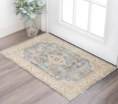 2' X 3' Coral and Blue Oriental Power Loom Worn Faded Area Rug