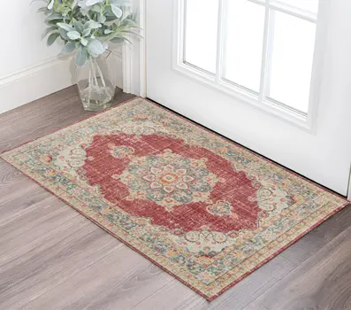 2' X 3' Ivory Red and Blue Medallion Power Loom Worn Faded Area Rug