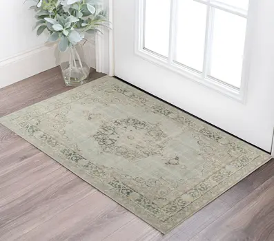 2' X 3' Ivory and Green Medallion Power Loom Worn Faded Area Rug
