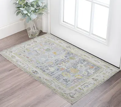 2' X 3' Ivory Blue and Orange Oriental Power Loom Worn Faded Area Rug