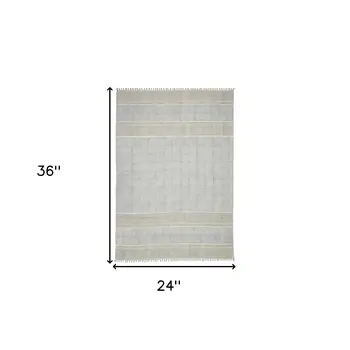 2' X 3' Ivory And Gray Oriental Flatweave Handmade Distressed Area Rug With Fringe