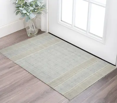 2' X 3' Ivory And Gray Oriental Flatweave Handmade Distressed Area Rug With Fringe