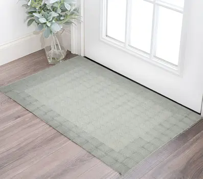 2' X 3' Ivory Blue And Black Geometric Flatweave Handmade Distressed Area Rug With Fringe