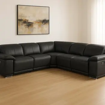 Black Italian Leather Modular L Shaped Five Piece Corner Sectional