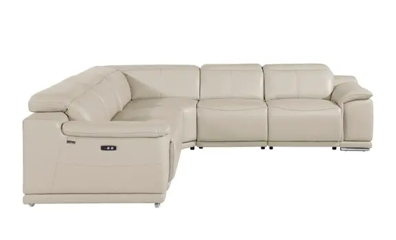 Beige Italian Leather Power Reclining U Shaped Five Piece Corner Sectional With Console